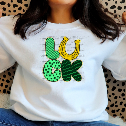 Lucky St Patricks Day PNG Gold Glitter Outline Shamrock Horseshoe Digital Download