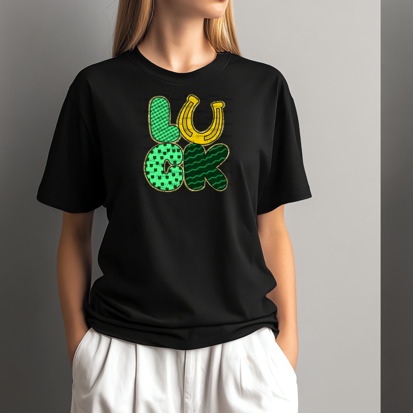 Lucky St Patricks Day PNG Gold Glitter Outline Shamrock Horseshoe Digital Download