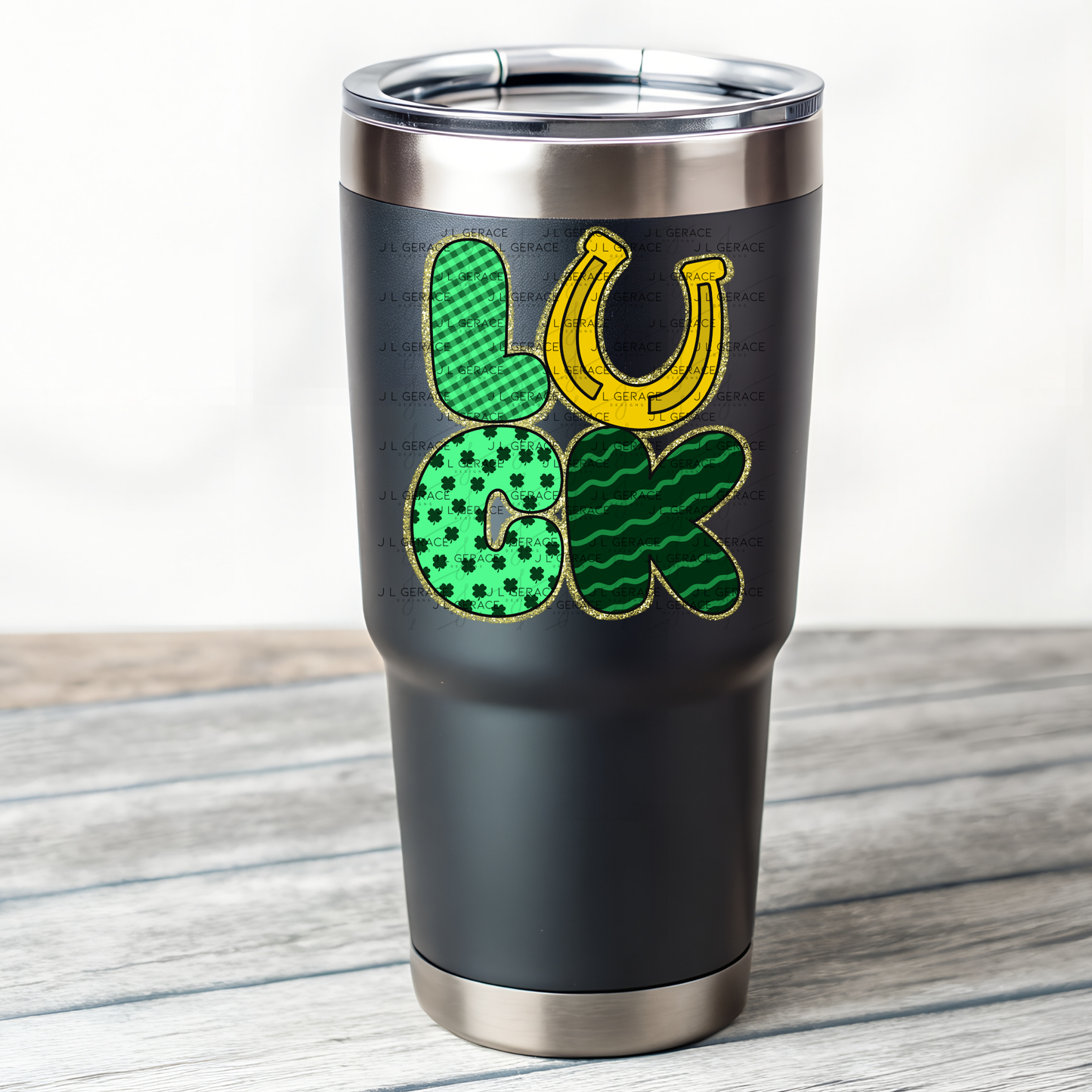 Lucky St Patricks Day PNG Gold Glitter Outline Shamrock Horseshoe Digital Download