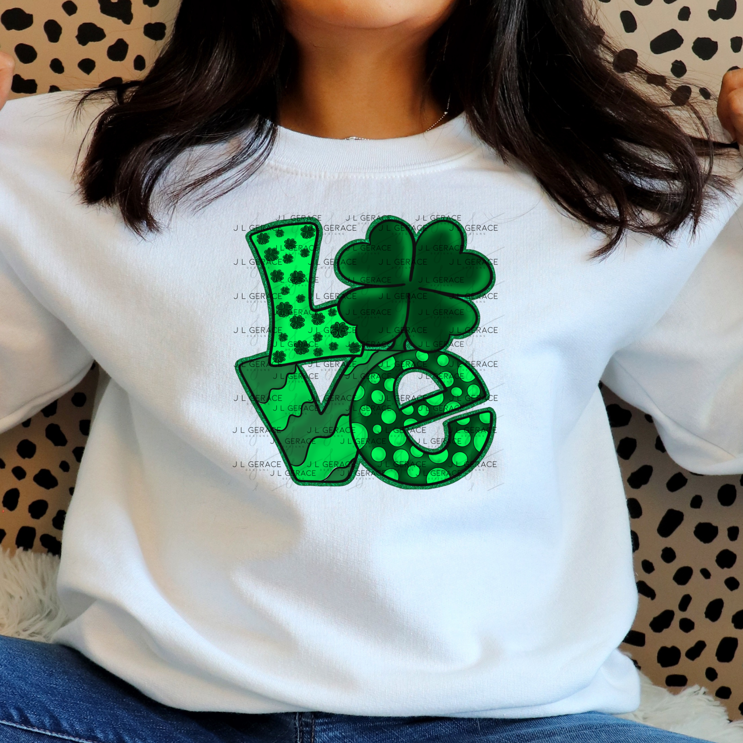 St Patricks Day Love PNG Green Glitter Shamrock Sublimation Design