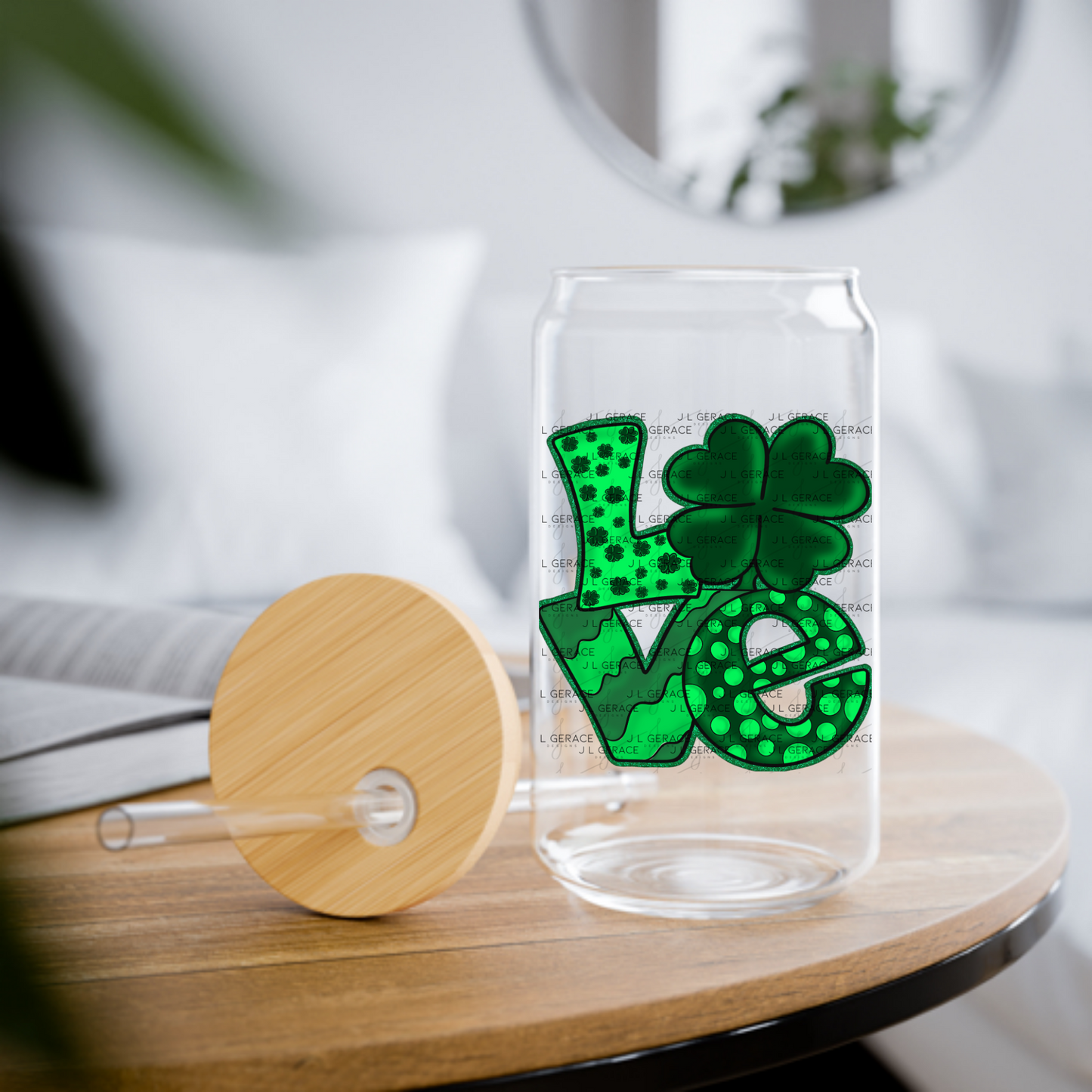 St Patricks Day Love PNG Green Glitter Shamrock Sublimation Design