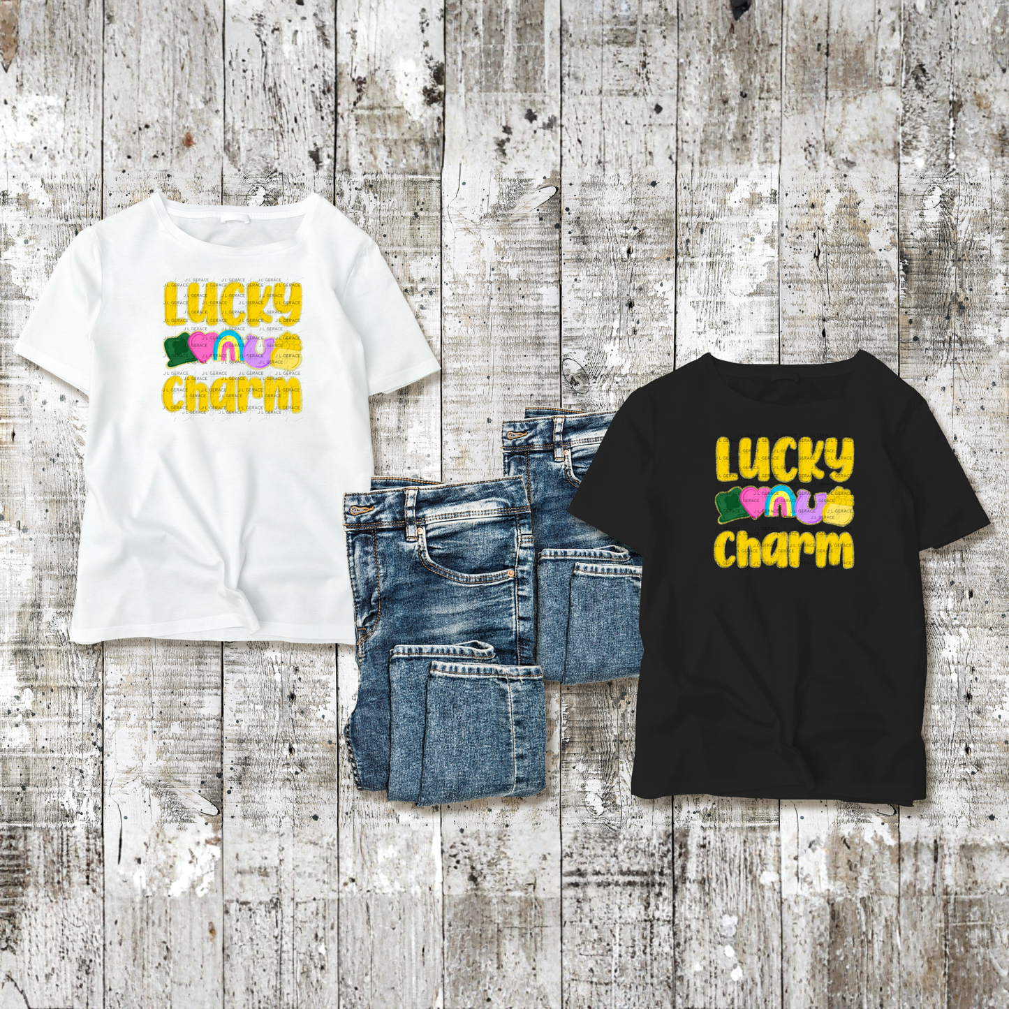 Lucky Charm St Patrick PNG – Shamrock Heart Rainbow Horseshoe Pot of Gold Glitter Outline Design