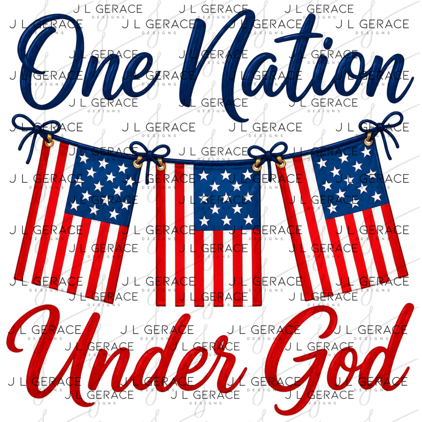 Patriotic one nation under god design with hanging american flag banner.