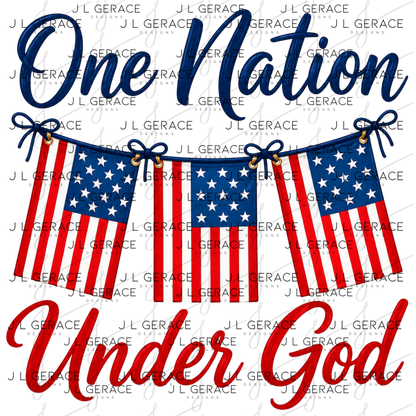 Patriotic one nation under god design with hanging american flag banner.