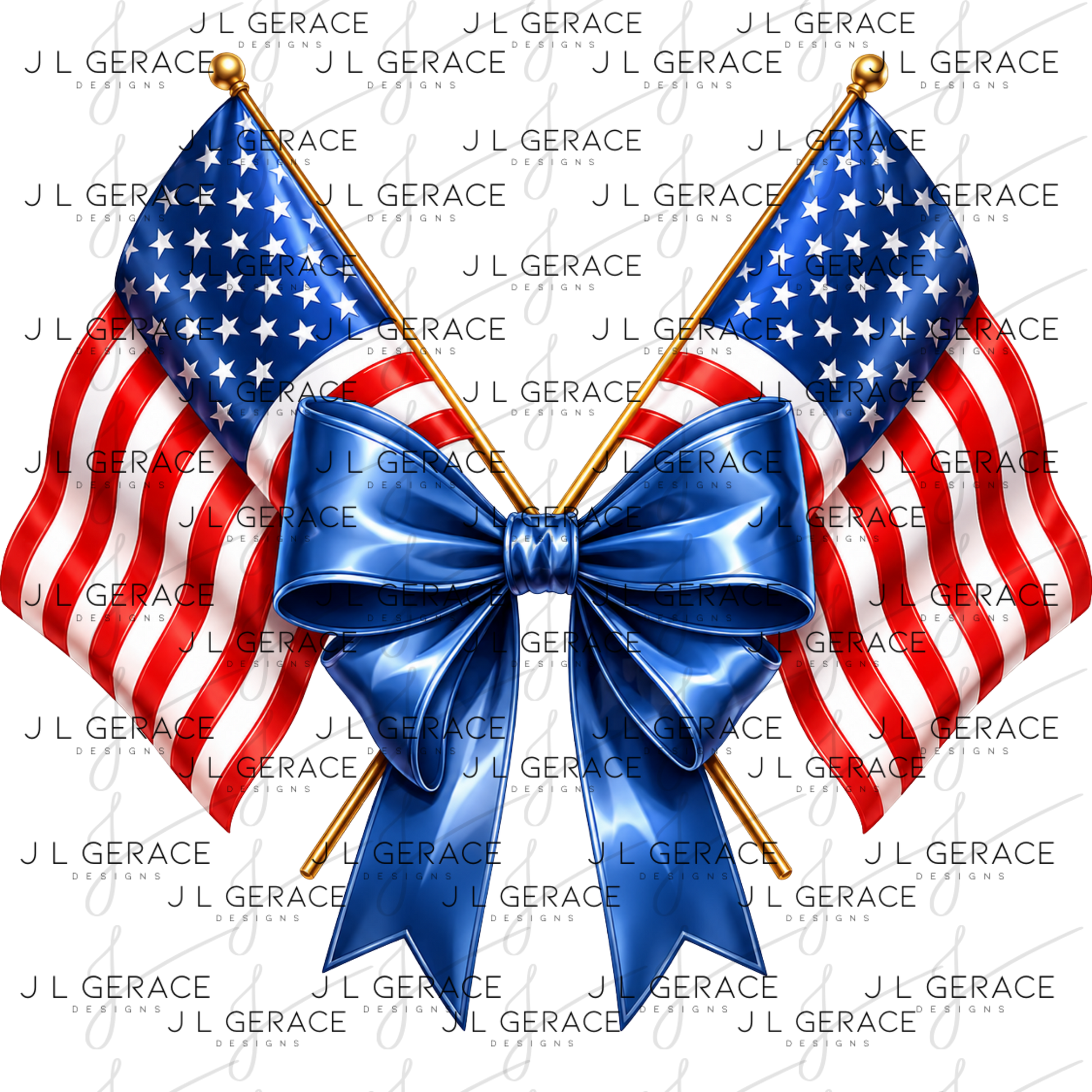 Two crossed american flags tied with a glossy blue bow.