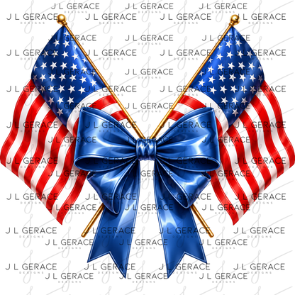 Two crossed american flags tied with a glossy blue bow.