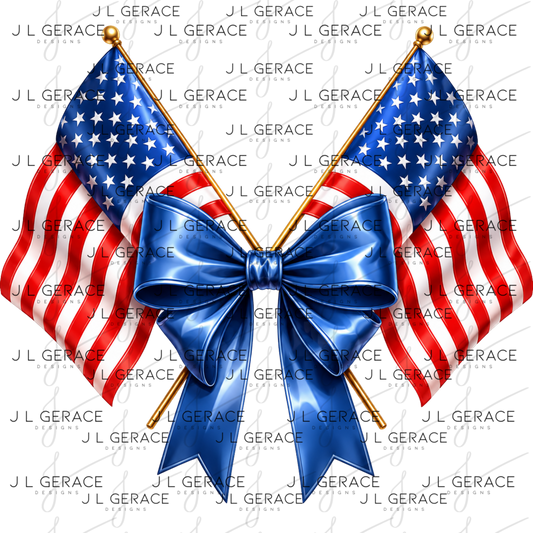 Two crossed american flags tied with a glossy blue bow.
