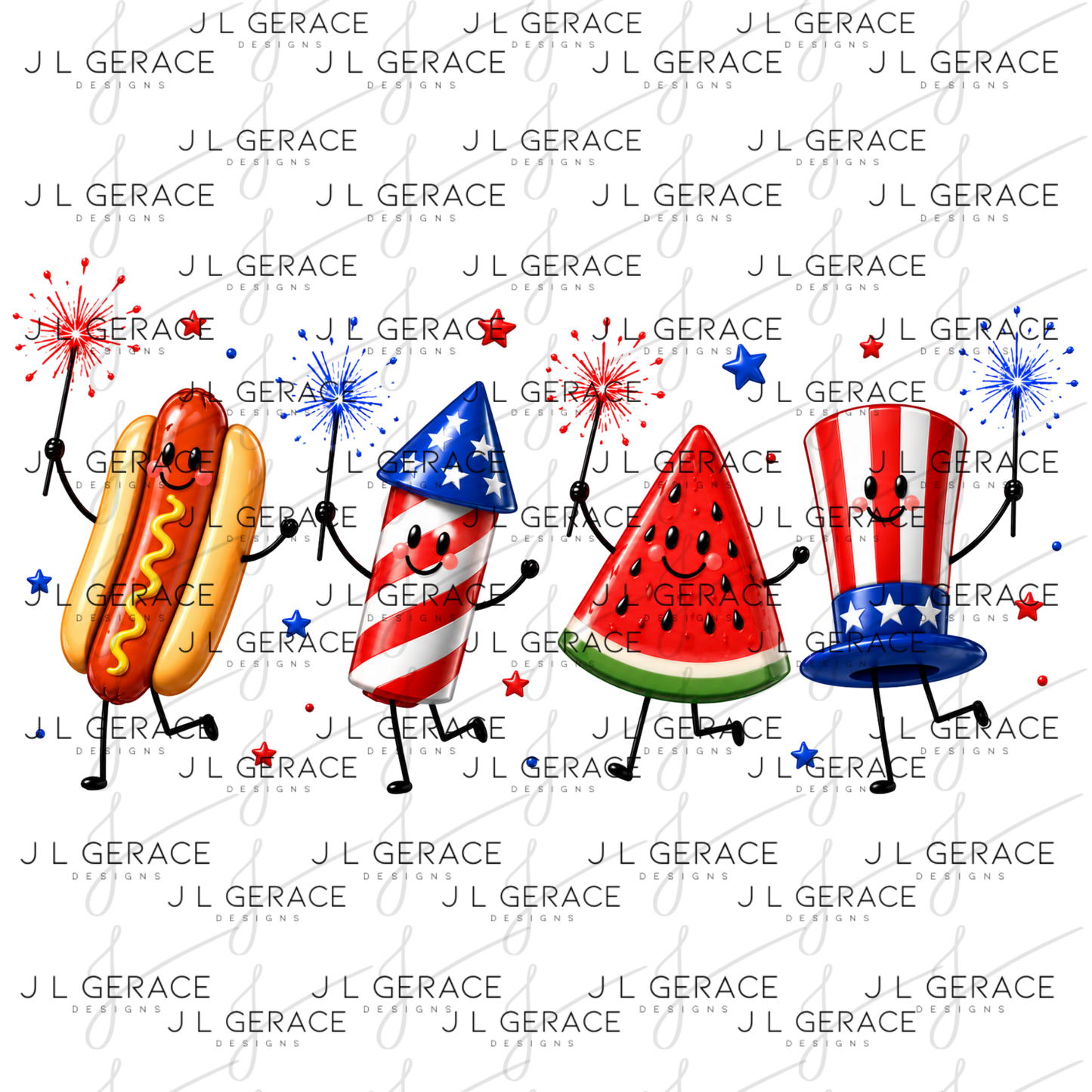 Cute patriotic hot dog, rocket pop, watermelon and uncle sam hat characters holding sparklers.