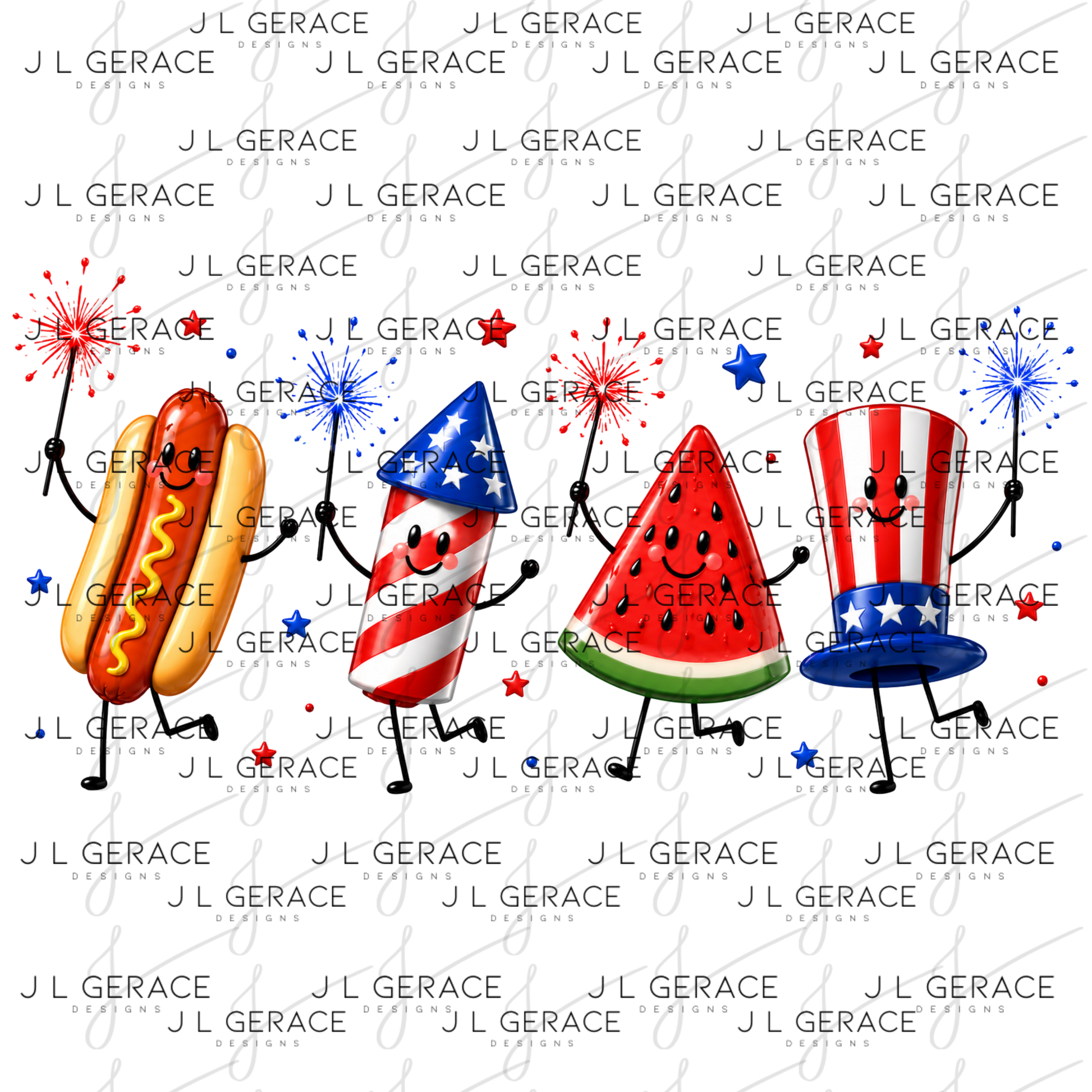 Cute patriotic hot dog, rocket pop, watermelon and uncle sam hat characters holding sparklers.