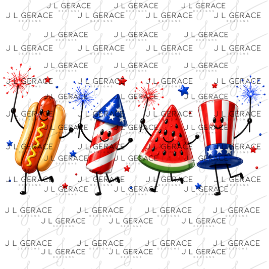 Cute patriotic hot dog, rocket pop, watermelon and uncle sam hat characters holding sparklers.