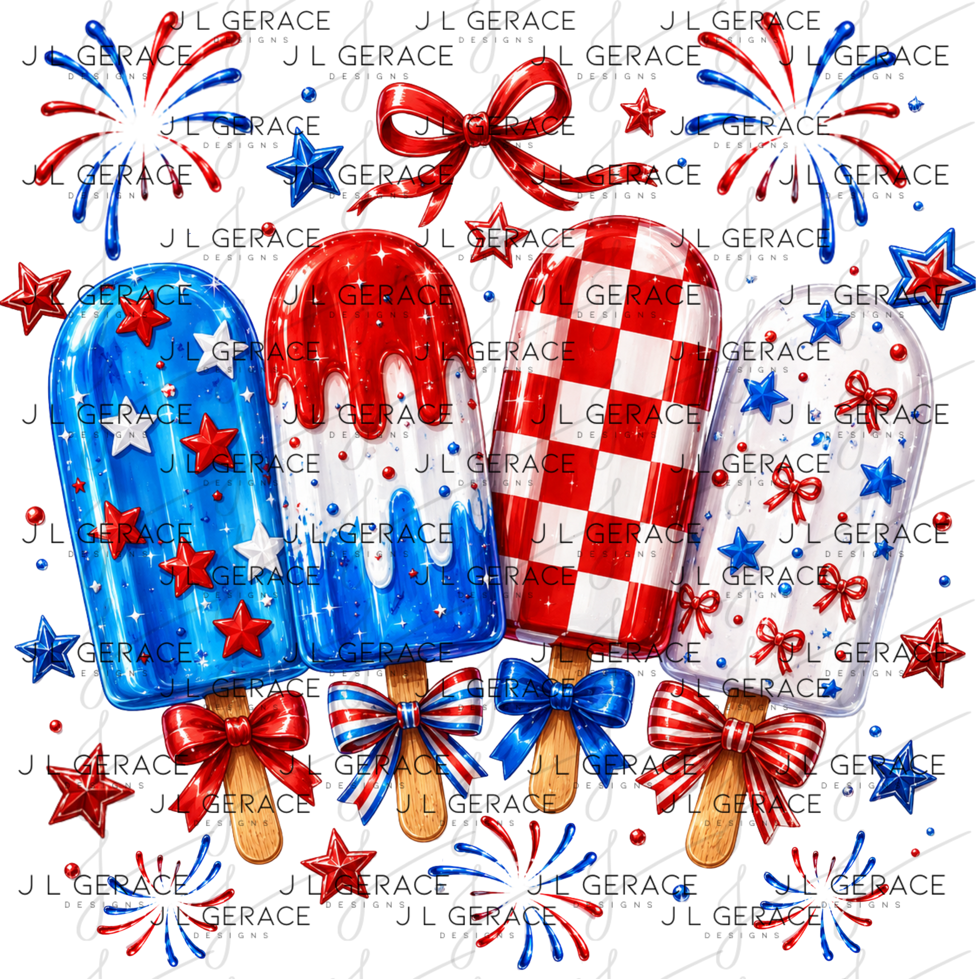 Glossy patriotic popsicles with red white and blue bows, stars and fireworks.