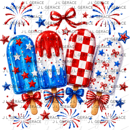 Glossy patriotic popsicles with red white and blue bows, stars and fireworks.