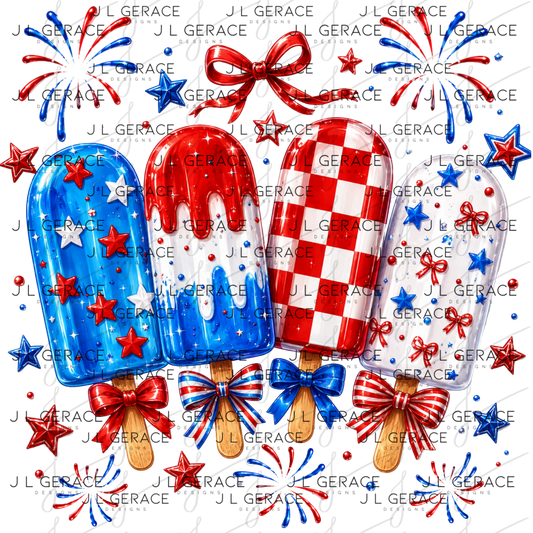 Glossy patriotic popsicles with red white and blue bows, stars and fireworks.