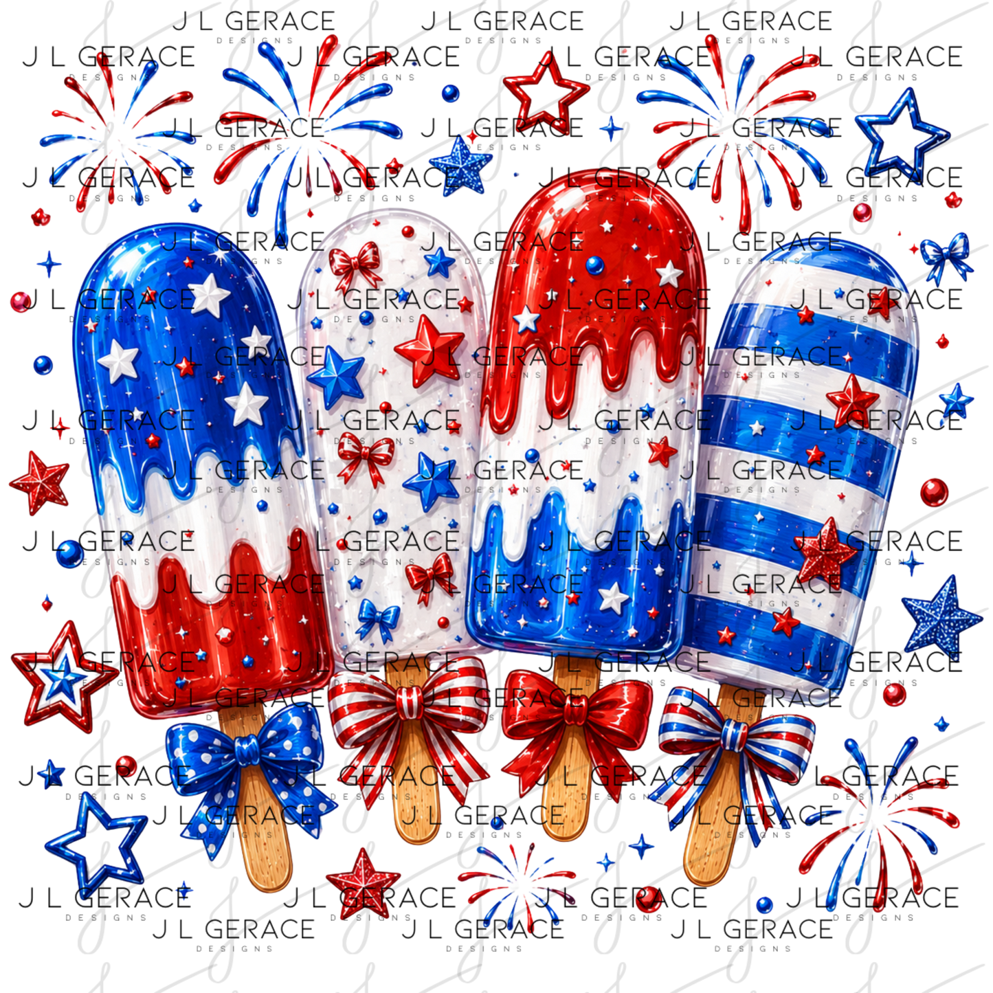 Glossy red white and blue popsicles with bows, fireworks and star accents.