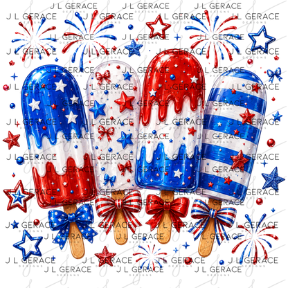 Glossy red white and blue popsicles with bows, fireworks and star accents.