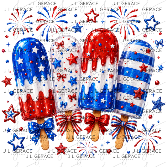Glossy red white and blue popsicles with bows, fireworks and star accents.