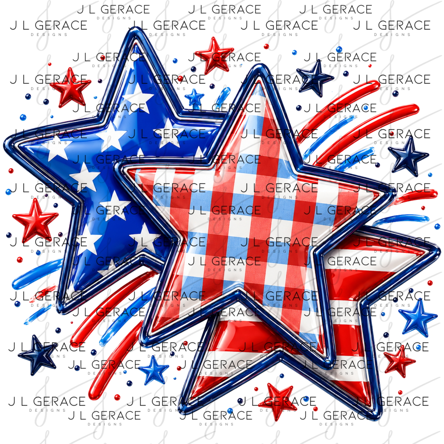 Glossy patriotic stars with red white and blue plaid, flag stripes, fireworks and star accents.
