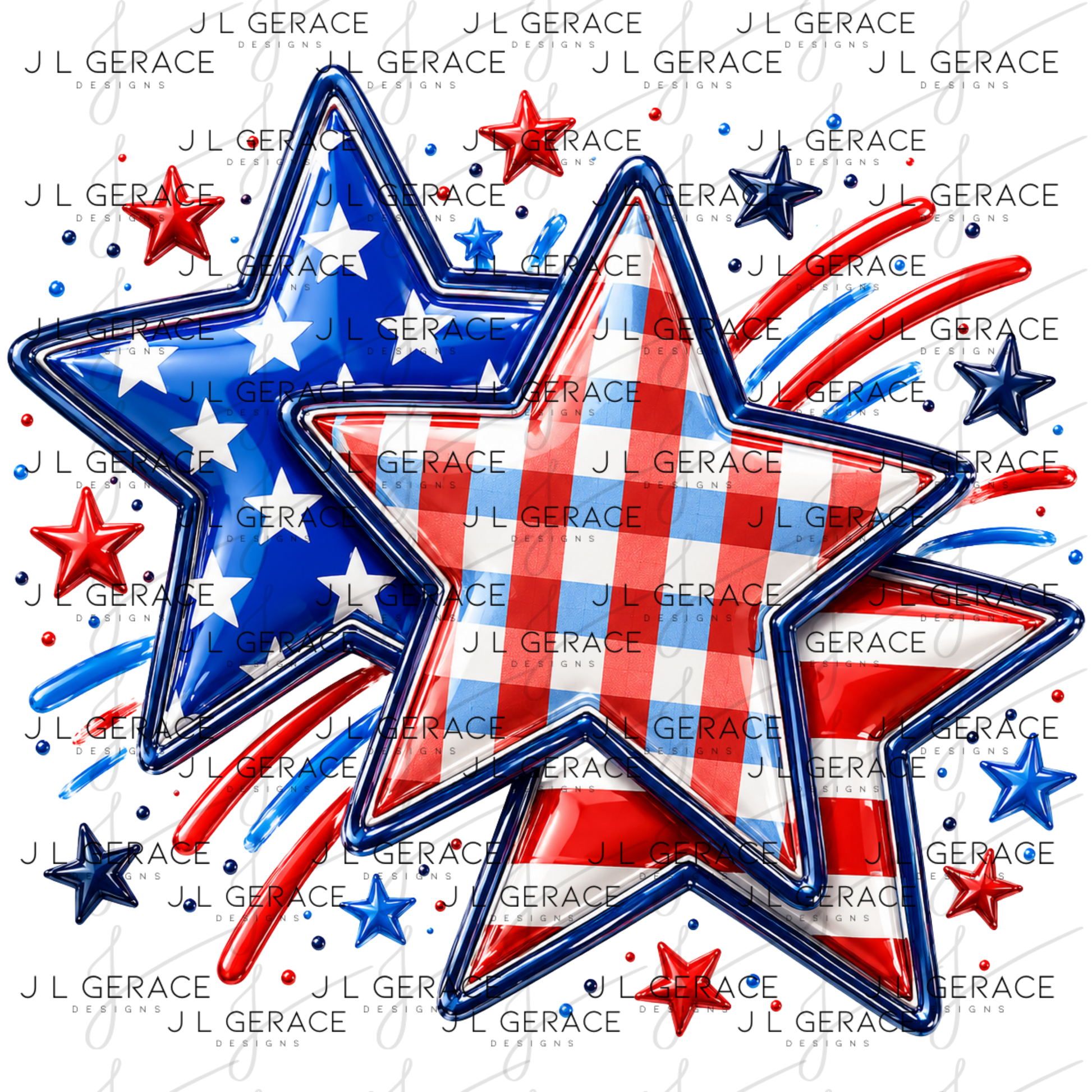 Glossy patriotic stars with red white and blue plaid, flag stripes, fireworks and star accents.