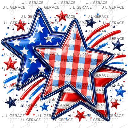 Glossy patriotic stars with red white and blue plaid, flag stripes, fireworks and star accents.