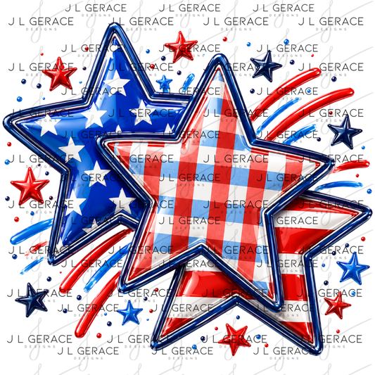Glossy patriotic stars with red white and blue plaid, flag stripes, fireworks and star accents.