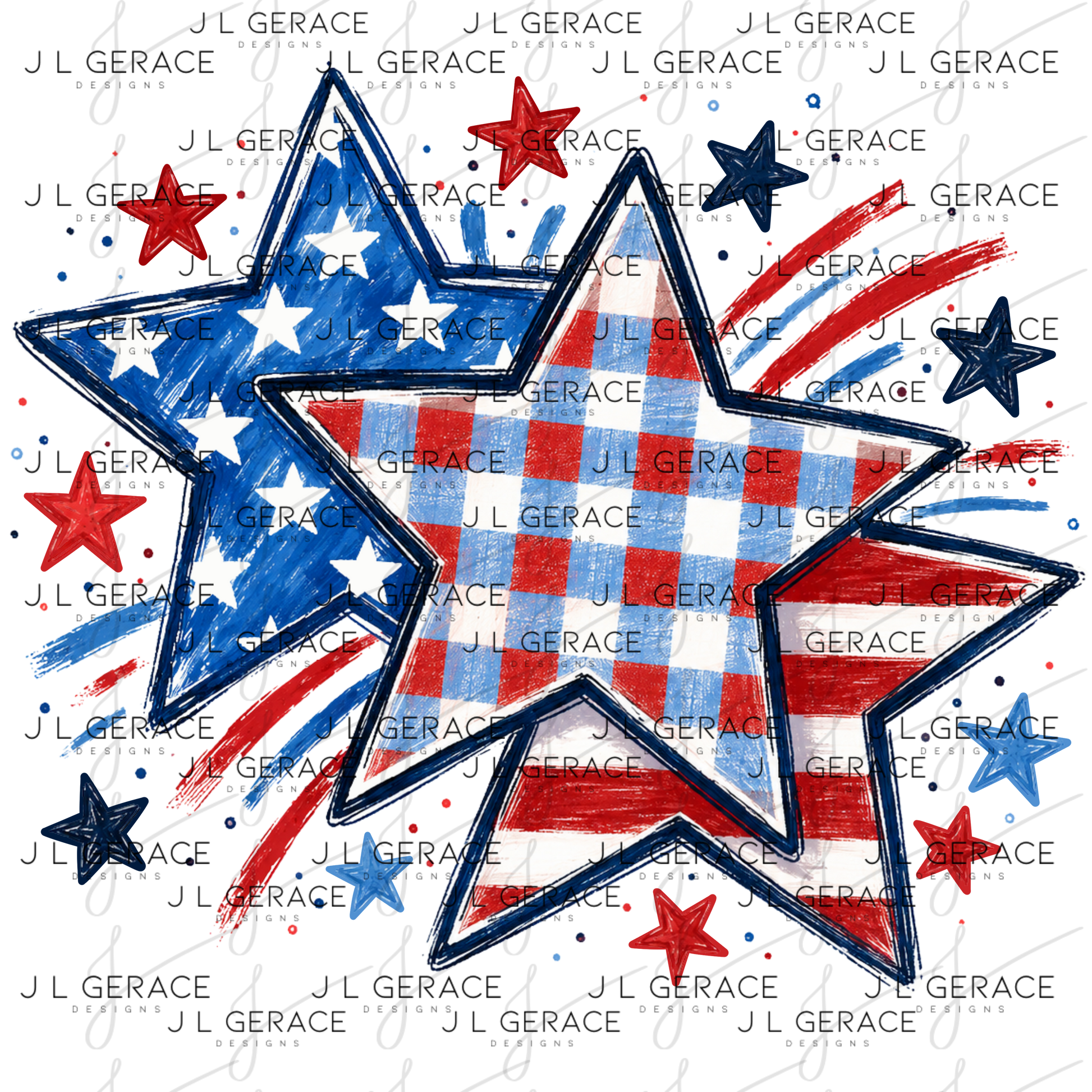 Hand drawn patriotic stars with plaid, flag stripes, fireworks and red white and blue accents.