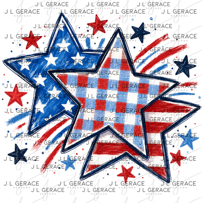 Hand drawn patriotic stars with plaid, flag stripes, fireworks and red white and blue accents.