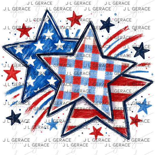 Hand drawn patriotic stars with plaid, flag stripes, fireworks and red white and blue accents.