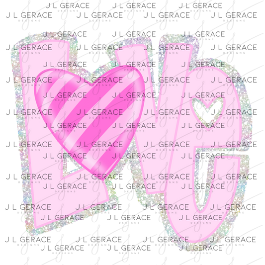 Pink Chunky Glitter with striped heart LOVE Valentine PNG