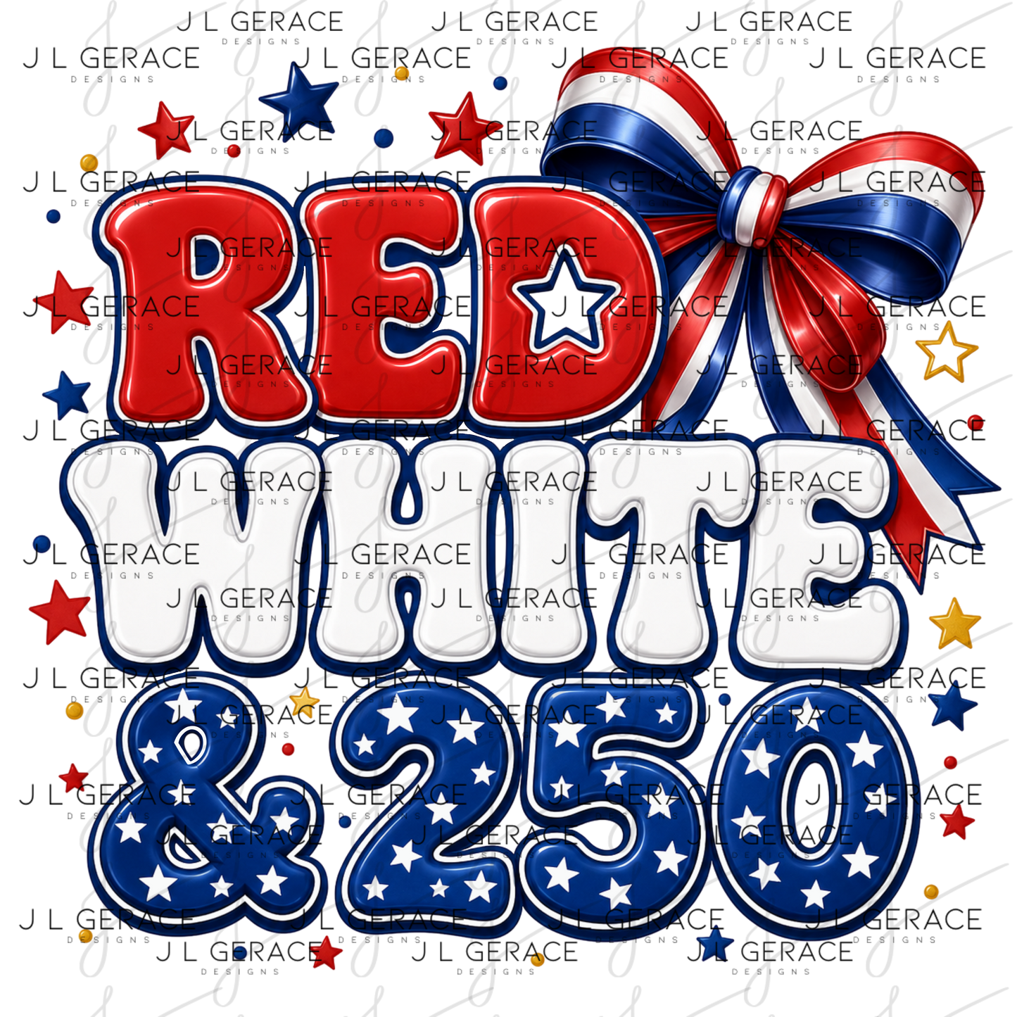 Red white and 250 patriotic design with stars, bow and glossy lettering.