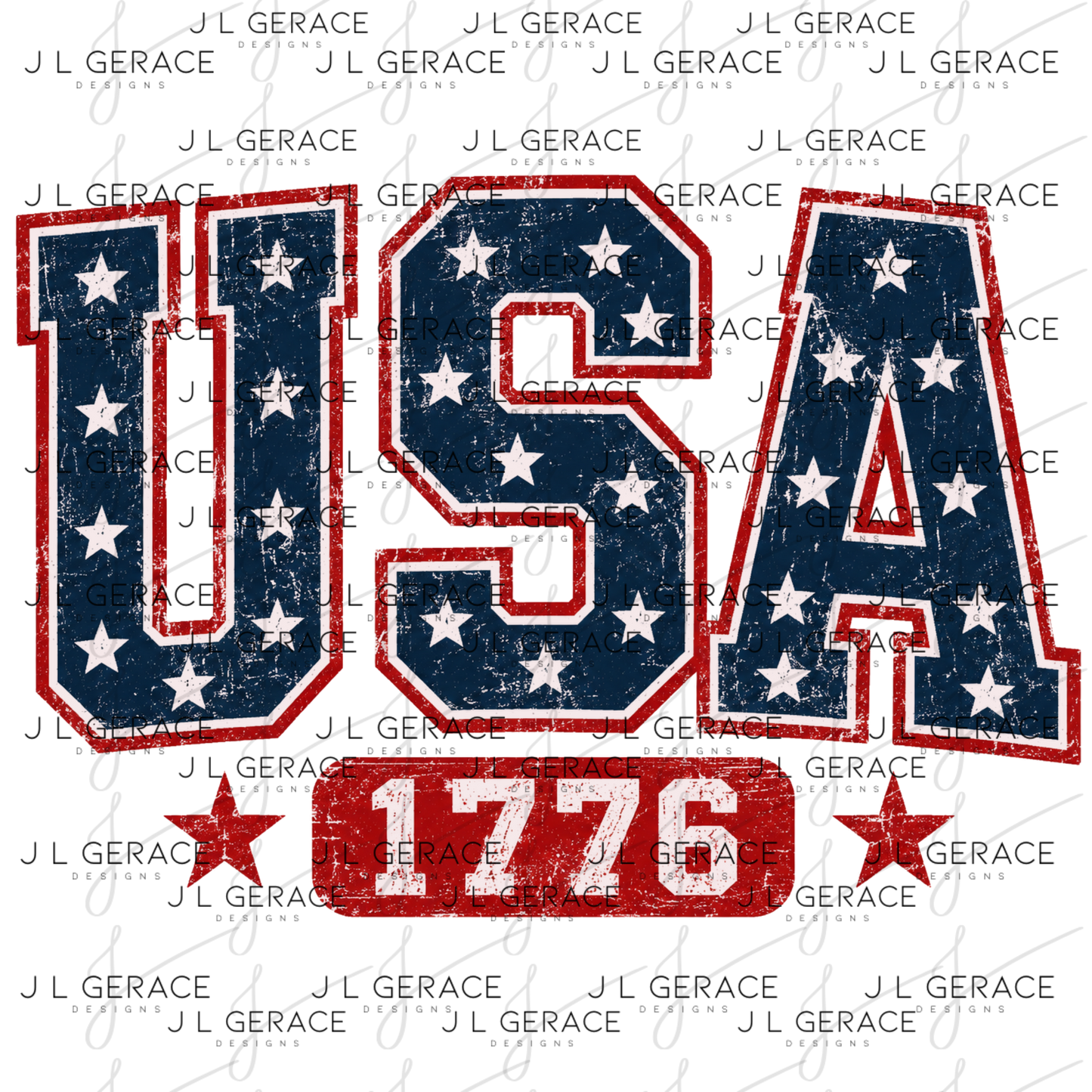 Distressed usa 1776 lettering with stars, red outline and vintage patriotic texture.