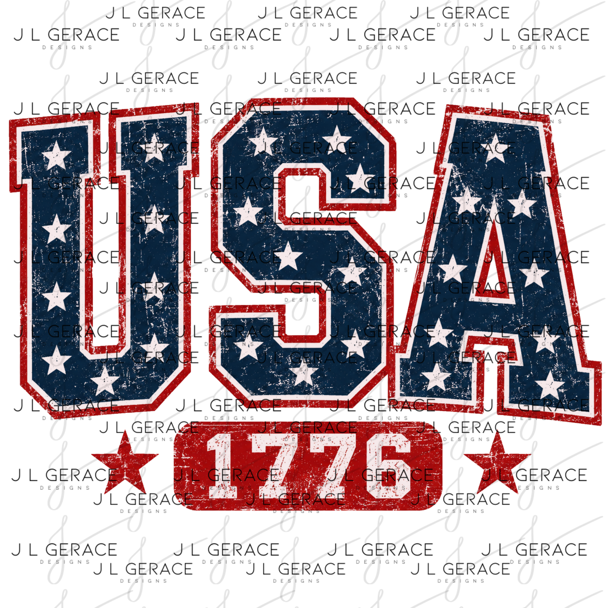Distressed usa 1776 lettering with stars, red outline and vintage patriotic texture.