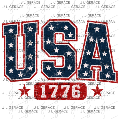 Distressed usa 1776 lettering with stars, red outline and vintage patriotic texture.