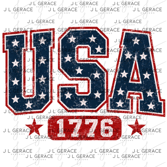 Distressed usa 1776 lettering with stars, red outline and vintage patriotic texture.