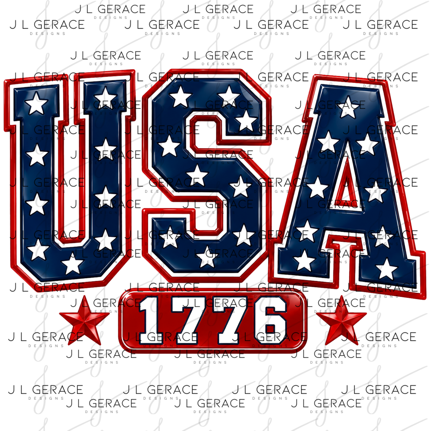 Glossy usa 1776 lettering with stars, red outline and patriotic accents.