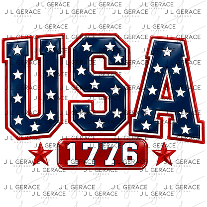 Glossy usa 1776 lettering with stars, red outline and patriotic accents.