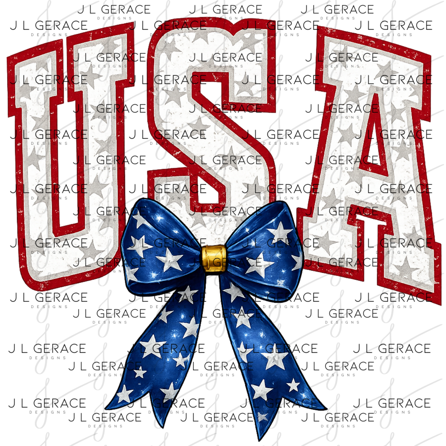Usa lettering with red outline, white star letters and blue star bow.