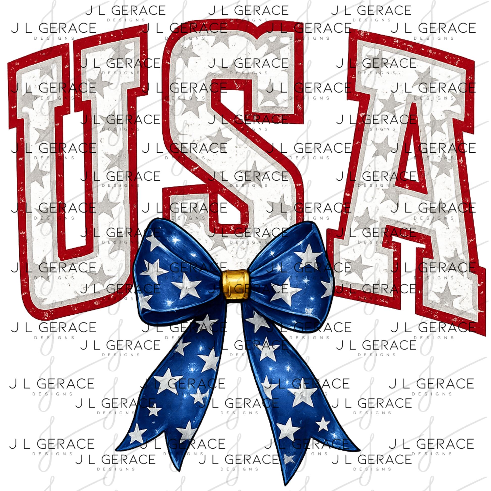 Usa lettering with red outline, white star letters and blue star bow.