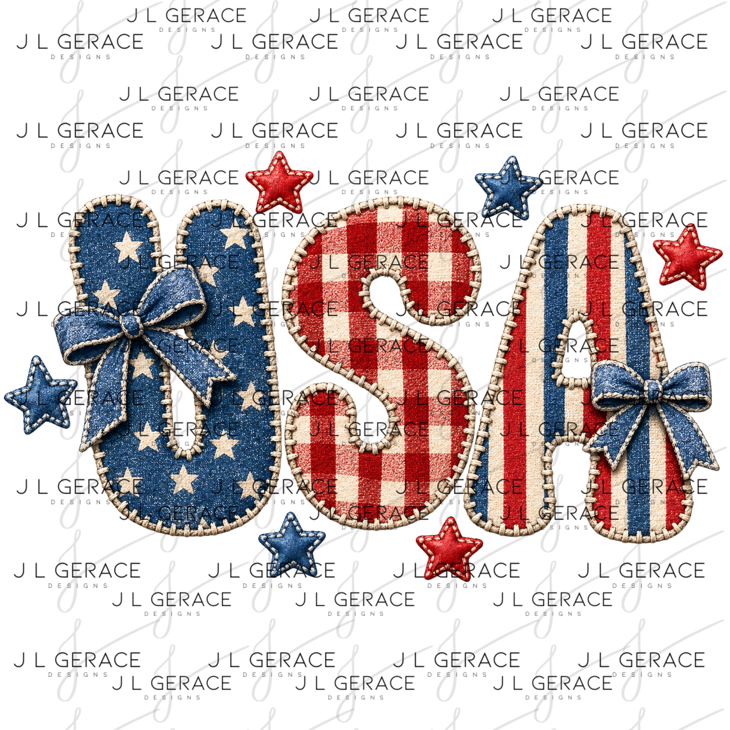 Fabric chenille style usa letters with stars, gingham, stripes, bows and stitched texture.