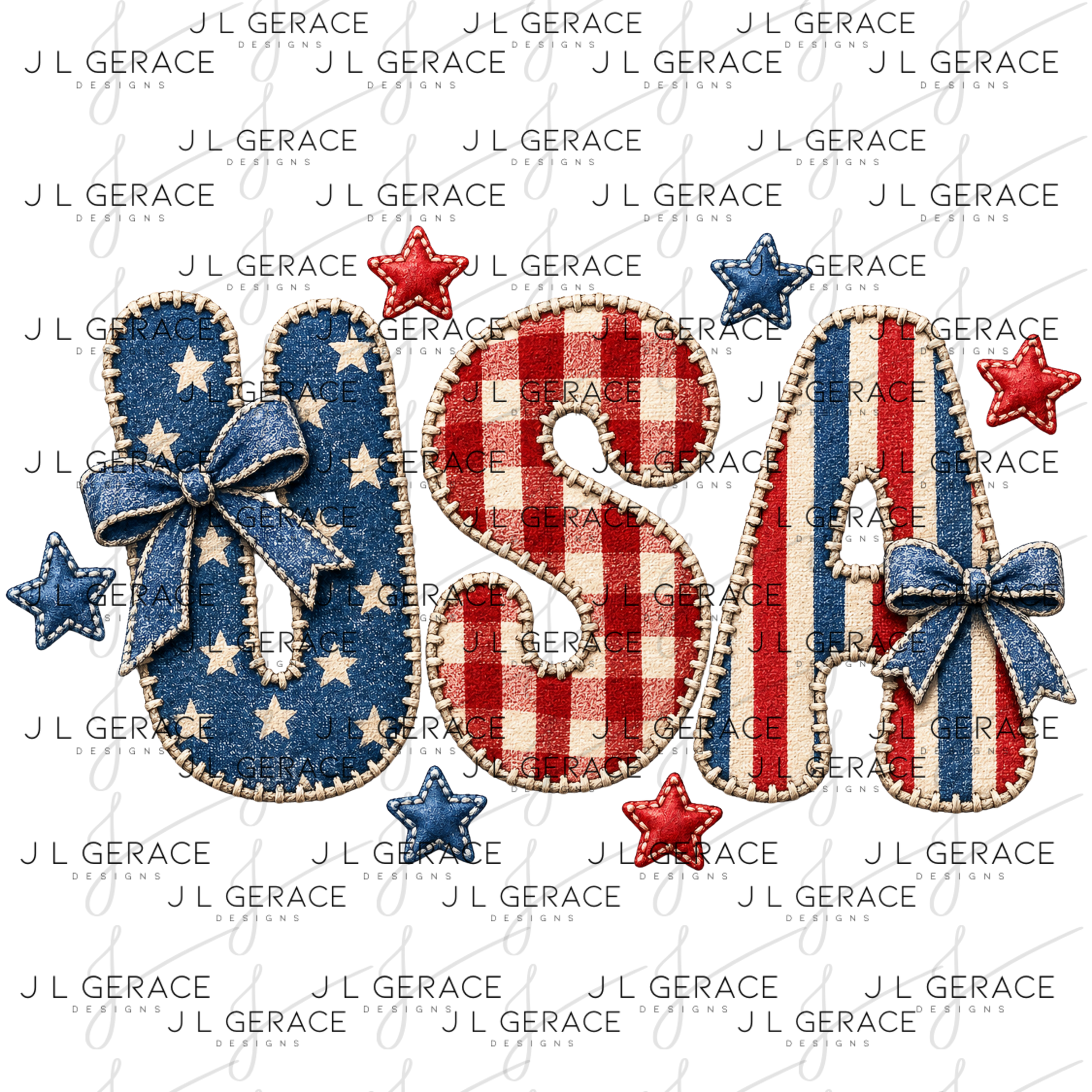 Fabric chenille style usa letters with stars, gingham, stripes, bows and stitched texture.