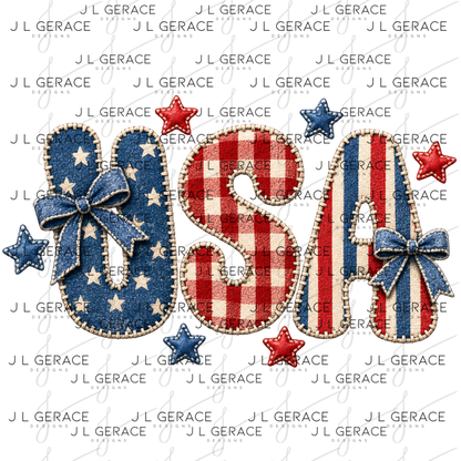 Fabric chenille style usa letters with stars, gingham, stripes, bows and stitched texture.