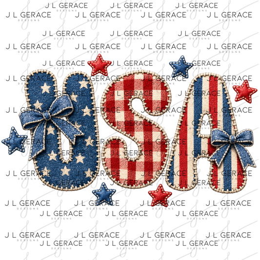 Fabric chenille style usa letters with stars, gingham, stripes, bows and stitched texture.