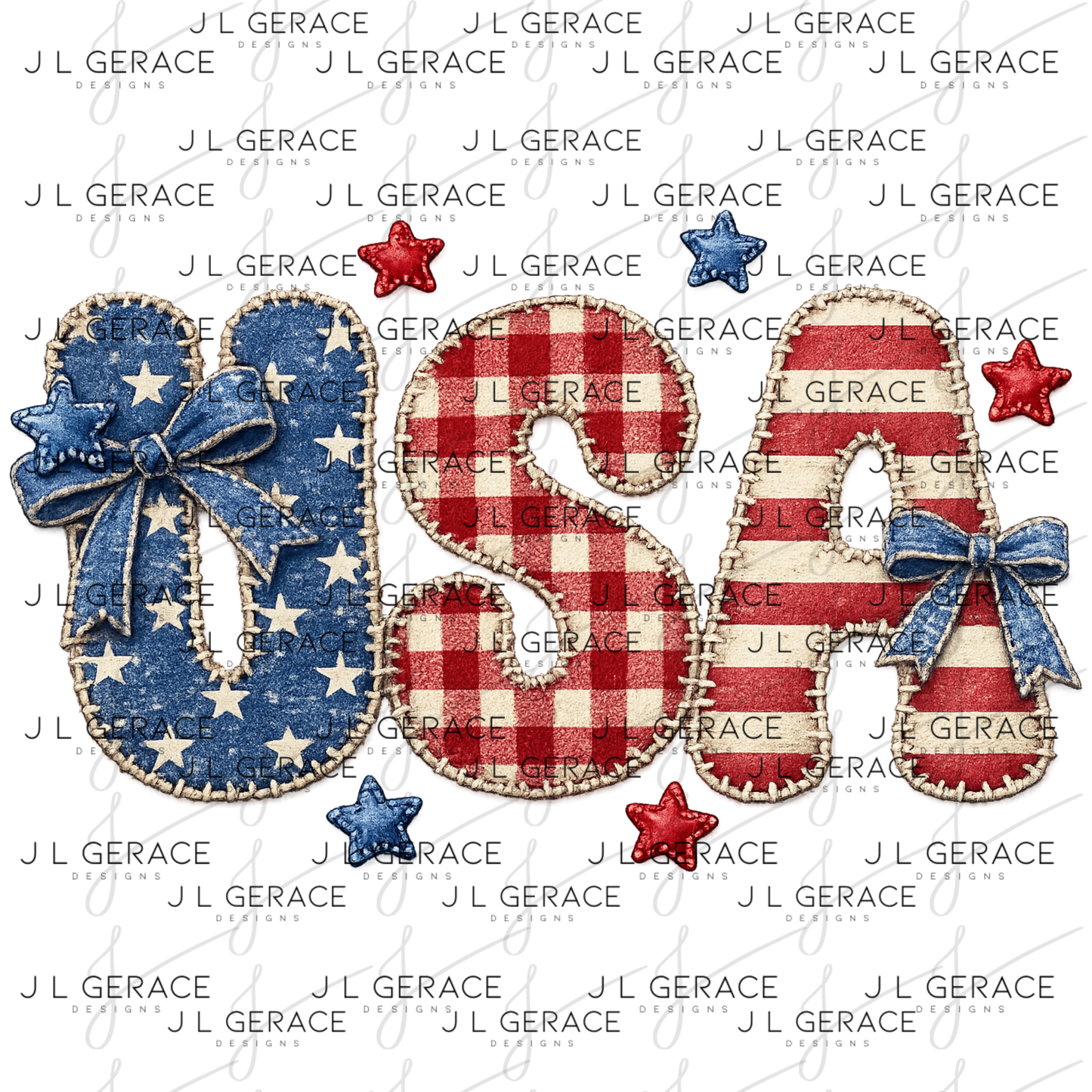 Patriotic USA PNG design with textured stitched letters, stars, red gingham, red stripes, blue bow accents, and Americana details.