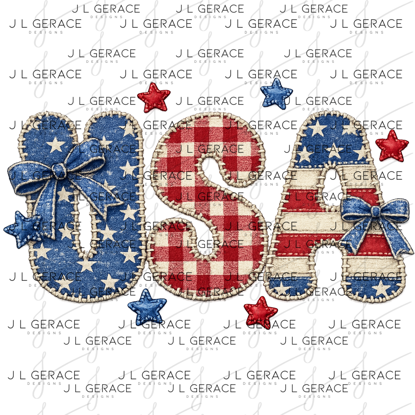 Chenille style usa letters with blue stars, red gingham, striped letters and stitched stars.
