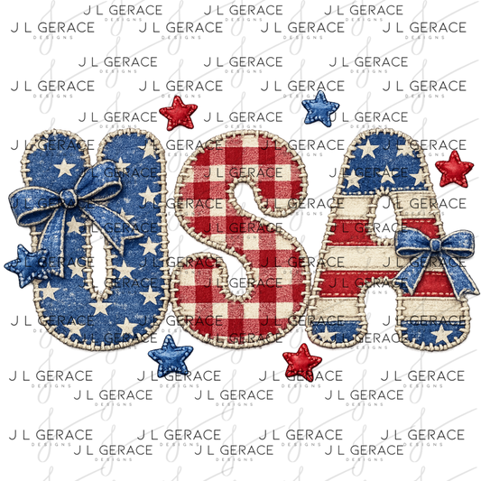 Chenille style usa letters with blue stars, red gingham, striped letters and stitched stars.