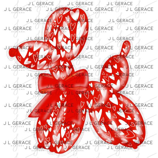 Red Love Balloon Dog PNG with Heart Pattern Bow and Glitter Outline