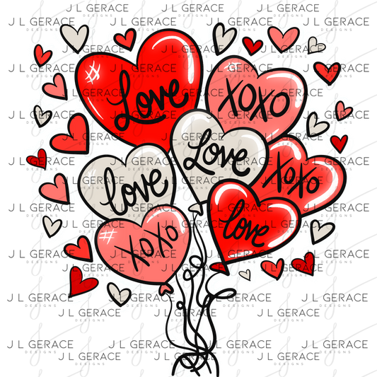 Red Love & XOXO Heart Balloon Bouquet with Glitter String Outline PNG