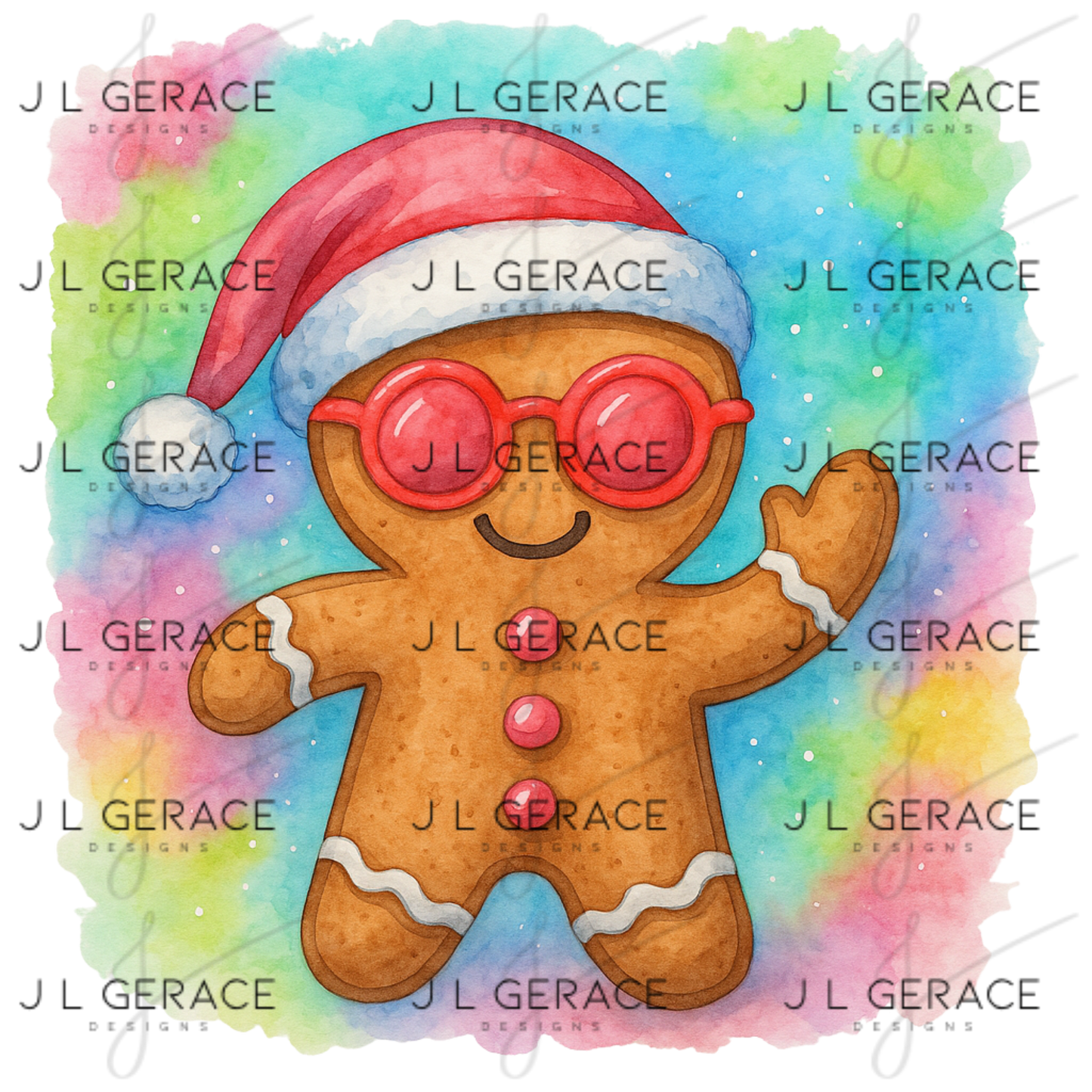 Watercolor Gingerbread Man PNG – Santa Hat & Pink Sunglasses Christmas Clipart