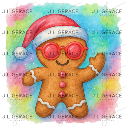 Watercolor Gingerbread Man PNG – Santa Hat & Pink Sunglasses Christmas Clipart