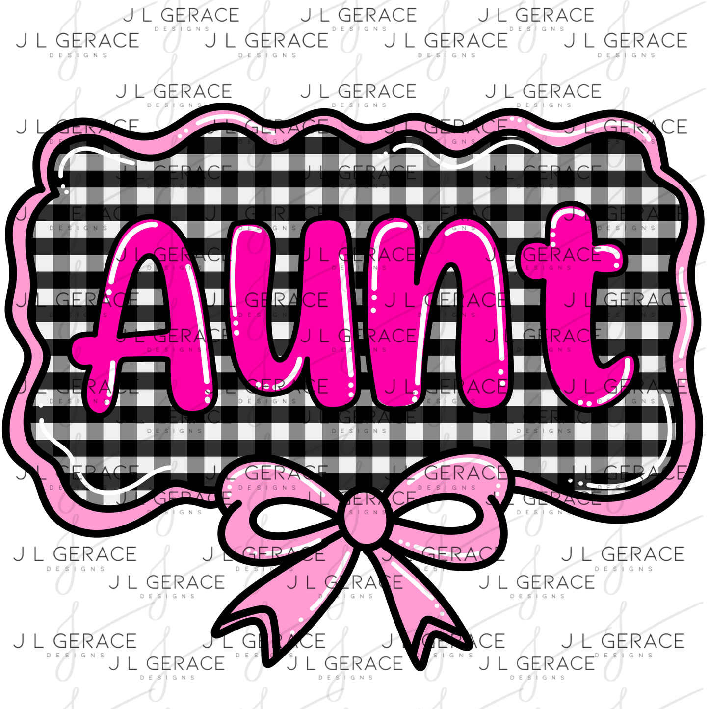 Aunt PNG – Pink Glossy Lettering with Gingham Background & Bow