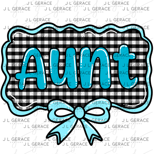 Aunt PNG – Teal Glossy Lettering with Gingham Background & Bow